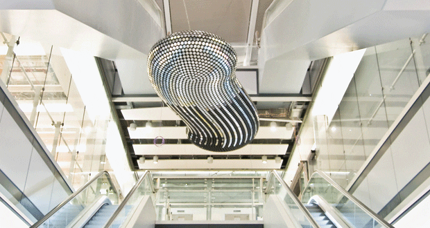 Troika’s Cloud. The flip-dots are silver on one side and are computer-controlled to move in different patterns across  the sculpture