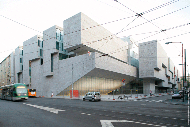 The raked seating of the auditorium creates a wedge-shaped entrance
