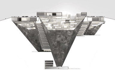 An Architecture of Possible Collectives (joint third prize) by Grant Gibson and Chris Annmarie Spencer, which places the Oval Office at the base of an inverted pyramid