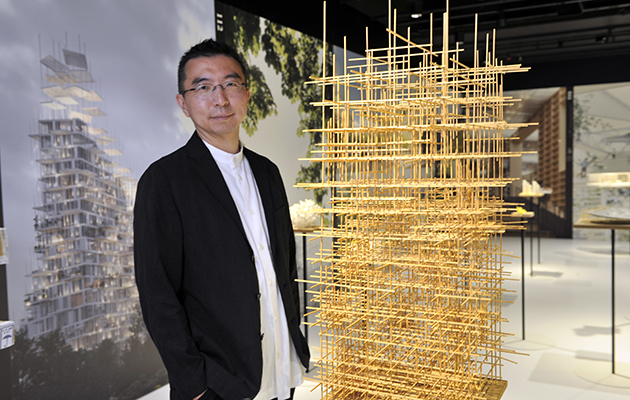 Sou Fujimoto acclaimed Japanese architect inspects one of 100 exhibits on display in his exhibition Futures of the Future at Japan House London