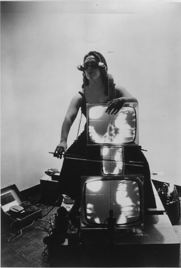 Charlotte Moorman with TV Cello and TV Eyeglasses 1971 Peter Wenzel Collection