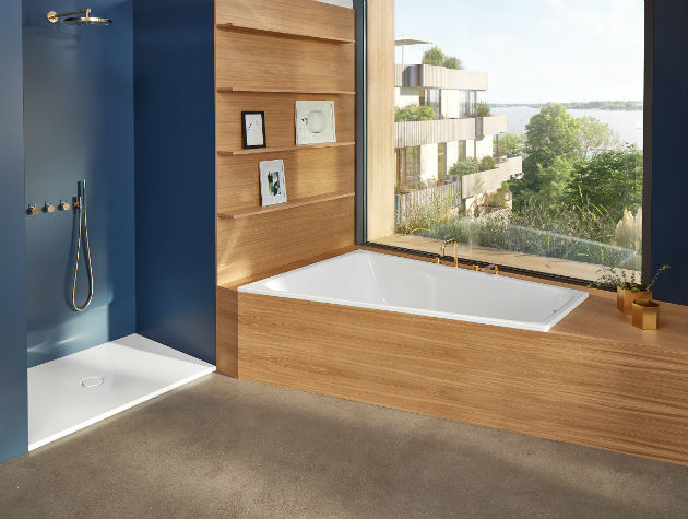 A modern style bath with separate walk in shower area